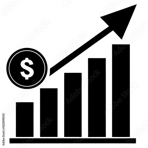 Rising bar graph coin arrow financial growth chart silhouette vector illustration