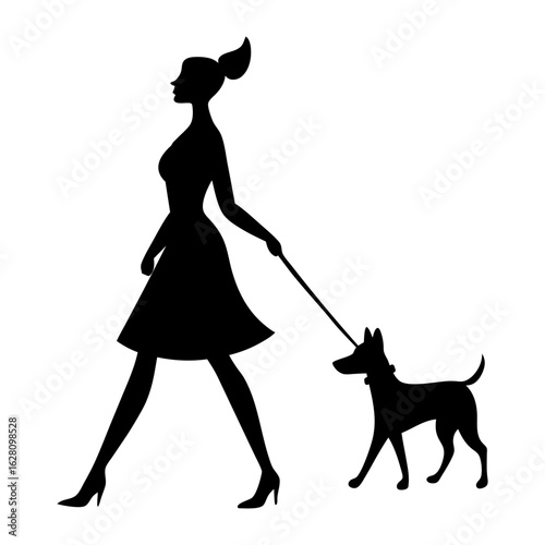 Woman walking a dog in black silhouette vector illustration