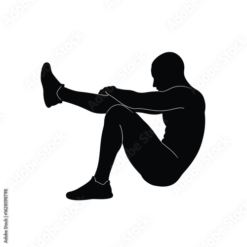 Silhouette of a man doing exercise sitting on the floor isolated on white background the person is sitting with legs up and hands reaching towards the knees