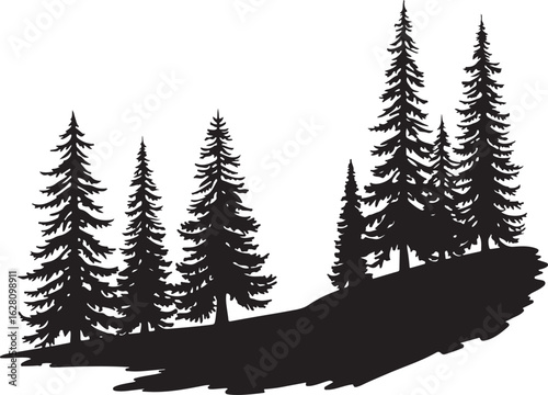Mountain and Pine Forest Silhouette Illustration

Black and White Wilderness Landscape Vector

Nature Scene with Evergreen Trees and Mountain Peaks