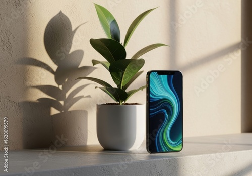 Plant and smartphone on a shelf with shadow on the wall