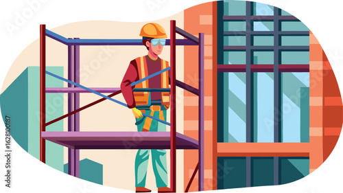 Illustration of a construction worker on scaffolding near a building with many windows and a cityscape view