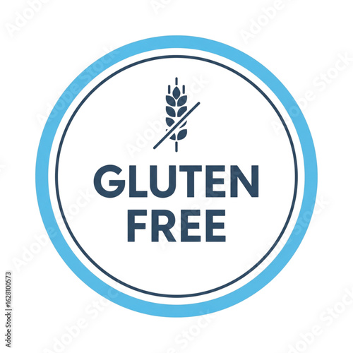 Gluten-free food label vector icon. Blue circular stamp with a no wheat symbol for healthy diet and allergen-free products.