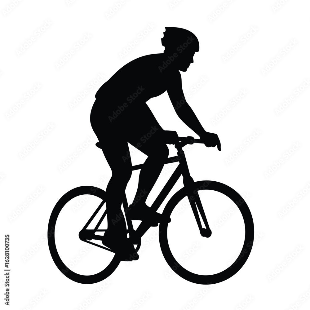Obraz premium Silhouette of a cyclist riding a bicycle, isolated on white background, showcasing the sport, fitness, and healthy lifestyle associated with cycling activity
