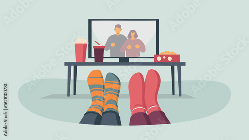 Couple watching tv with drinks and popcorn wearing socks with feet up on a relaxing background