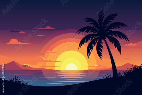 Pixel Art Tropical Beach Sunset With Palm Tree Over Ocean Water
