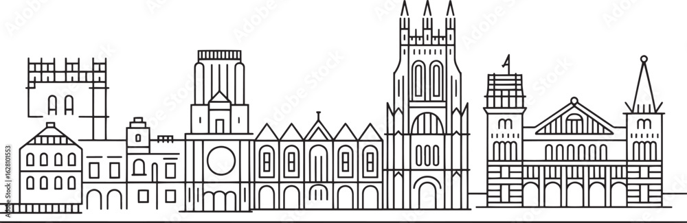 Naklejka premium Detailed Line Art Skyline of a European City with Gothic Architecture and Towering Spires on Transparent