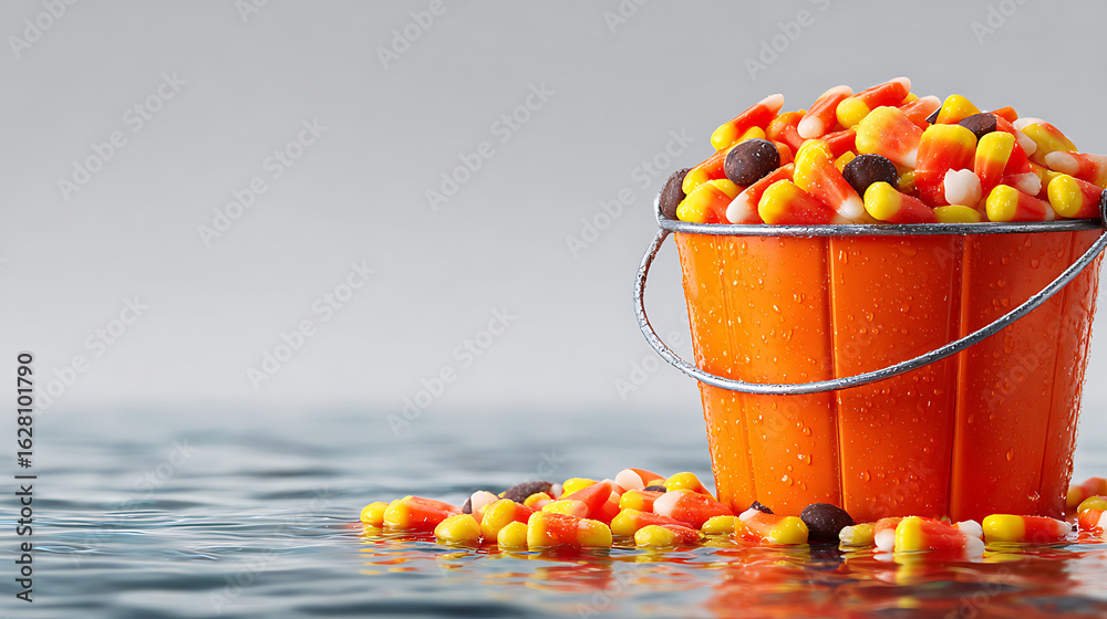 Naklejka premium Halloween orange bucket overflowing with candy corn in water