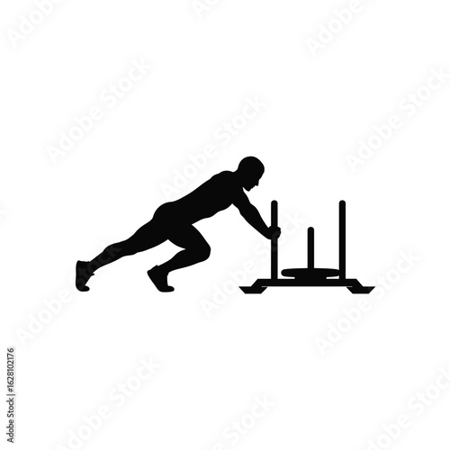 Silhouette of a man pushing a sled, a fullbody exercise that builds strength, power, and endurance, perfect for fitness enthusiasts isolated on white background