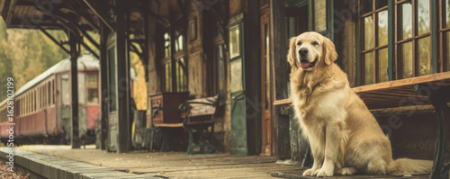 Golden Retriever sits happily on wooden bench at rustic train station, with old fashioned train in background, evoking sense of nostalgia and warmth