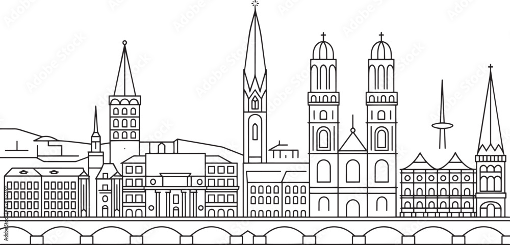 Naklejka premium Detailed Line Art Skyline of a European City with Gothic Architecture and Towering Spires on Transparent