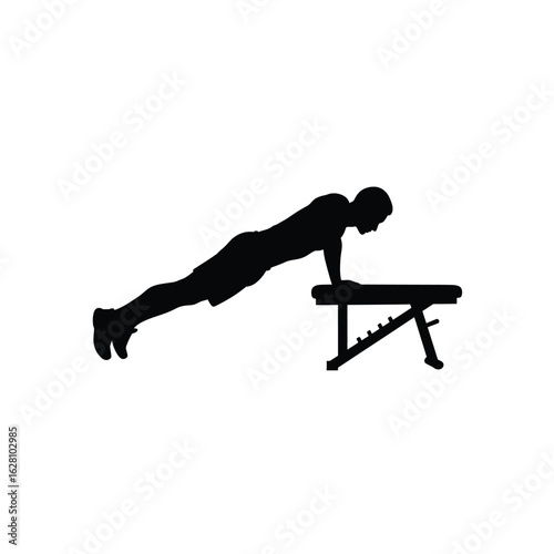Silhouette of a man doing pushups on a bench, isolated on white background, representing fitness, strength training, and a healthy lifestyle