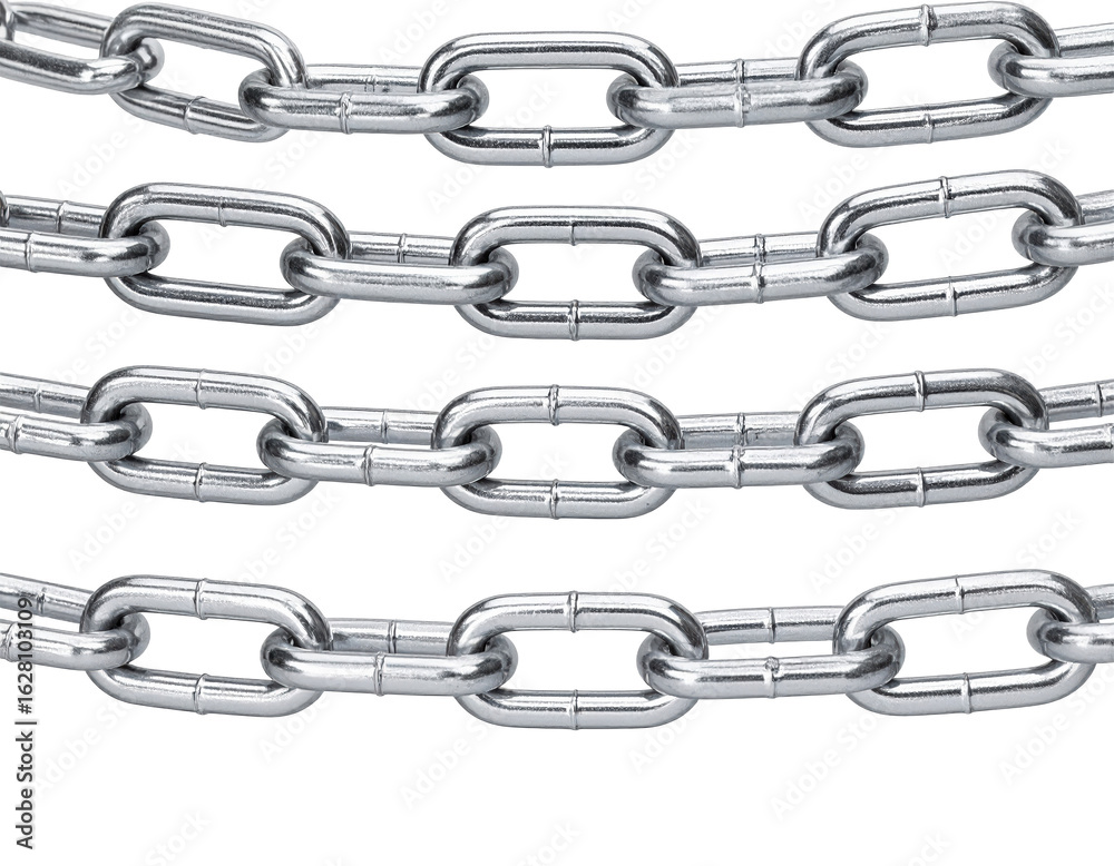 Detailed view of four parallel shiny steel chains against white background Detailed view of four parallel shiny steel chains against white background