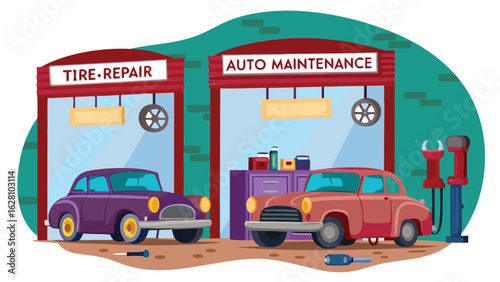 Two garages one for tire repair and the other for auto maintenance with cars and tools in front of them