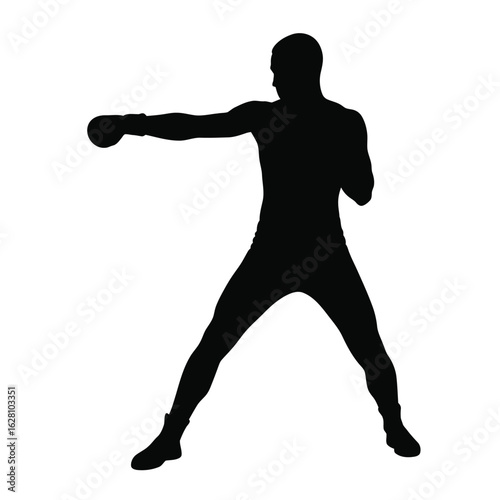 A boxer in silhouette throws a powerful punch, showcasing athletic prowess and combat skills isolated on white background