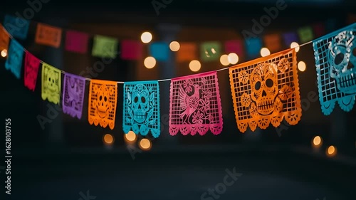 Day of the Dead papel picado banner sways, adorned with skull and bird designs. Mexican holiday concept, celebration background, dia de los muertos decor, festival decor.