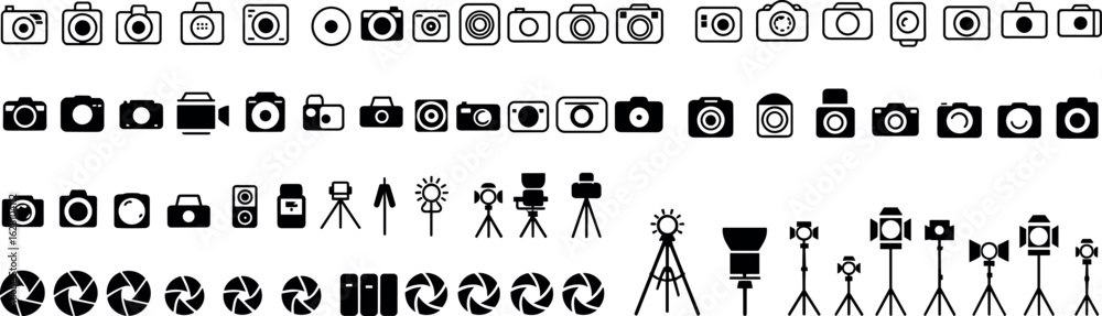 Obraz premium Camera icon set, photography symbols, black and white graphics, aperture diagrams, equipment vector, editable collection, black and white graphics, minimalist design elements, photo illustrations