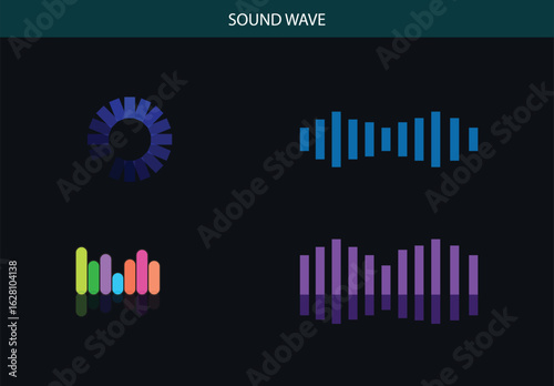 vector illustration of a set of  sound waves with different types of icons
