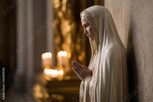Mary statue praying inside cathedral by candles, Glossy white sculpture in church, Religion, hope or sacred space concept
