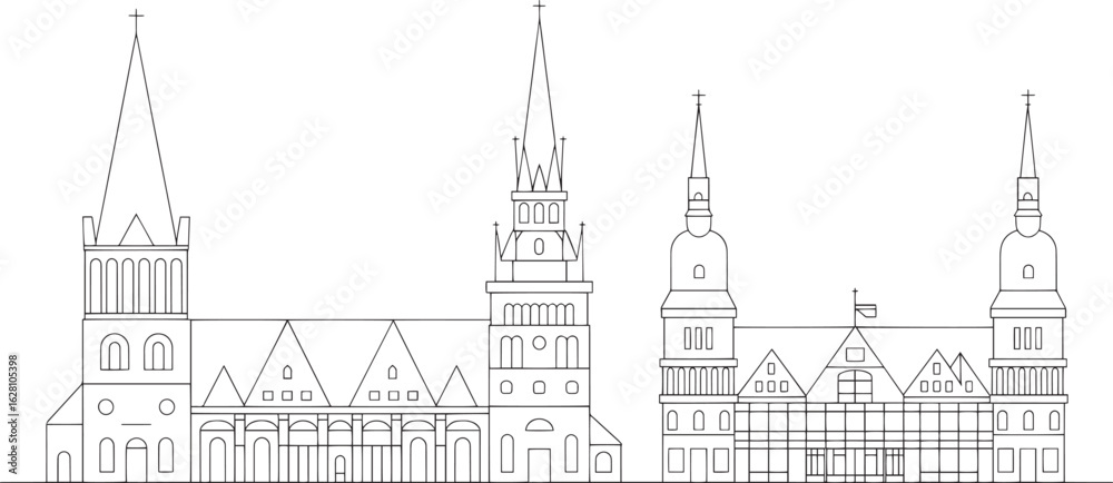 Detailed Linear Skyline of a City with Spires and Churches on a Transparent Background Vector