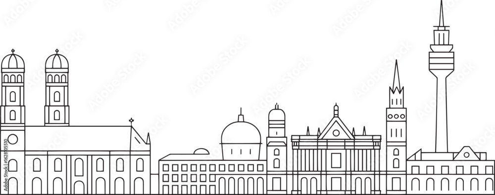 Fototapeta premium Detailed Munich Skyline Outline Vector Illustration of Iconic Landmarks and Architecture