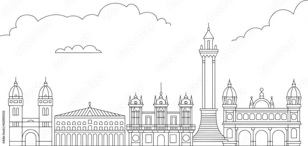 Fototapeta premium Detailed Linear Skyline of a European City with Clouds on a Transparent Background Vector Illustration