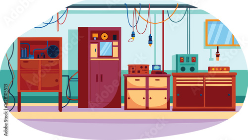 Illustration of a cluttered workshop with cabinets, wires, and various equipment present in the room
