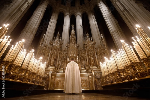 Priest at ornate altar with many burning candles, Grand church interior with golden decorations, Religious ceremony and worship concept