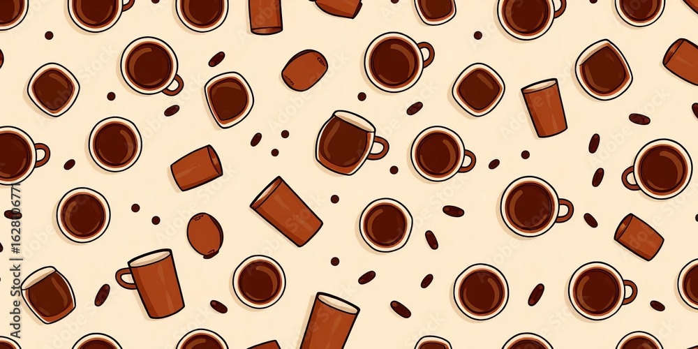 Obraz premium Cozy seamless pattern of brown coffee cups on a beige background Ideal for various design applications, vector, coffee break