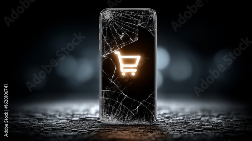A damaged smartphone with a cracked screen displays a shopping cart icon, set against a dark rocky background,