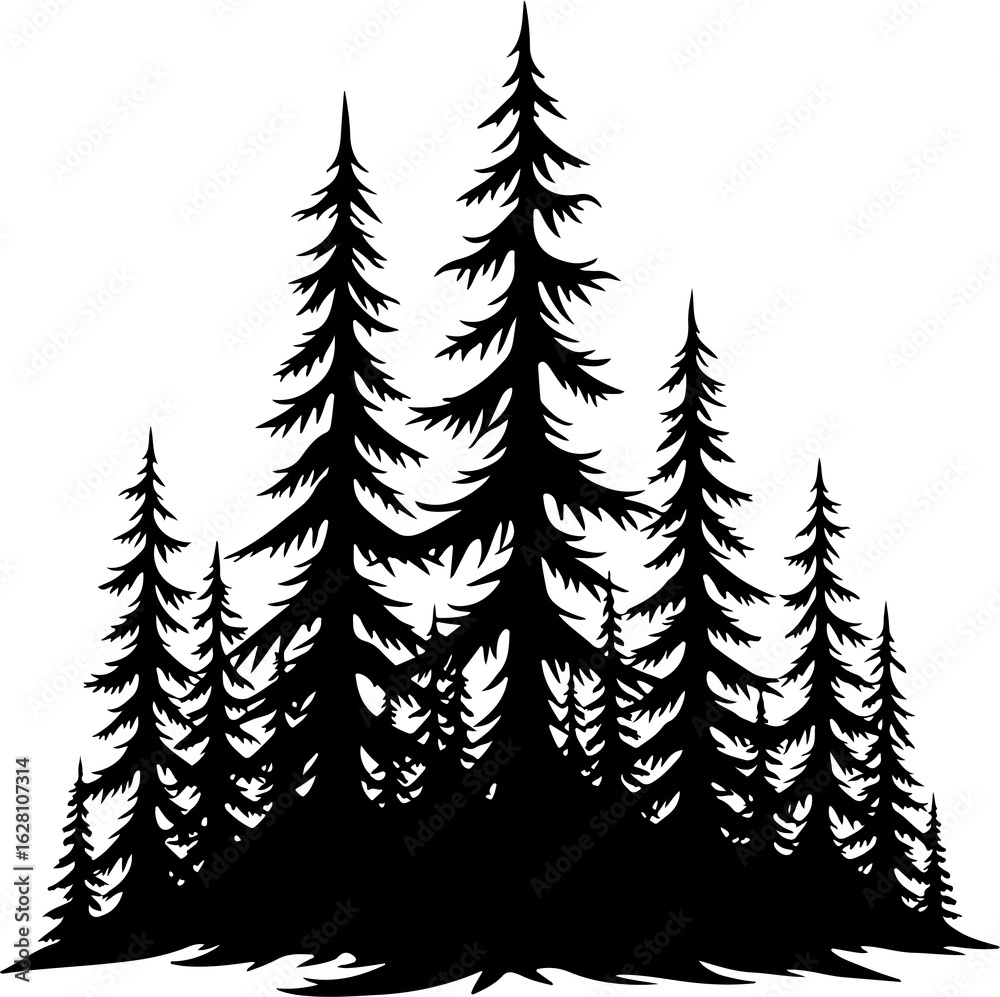 Obraz premium Dense Pine Tree Forest Silhouette VectorBlack and White Evergreen Woods IllustrationConifer Tree Cluster Forest Artwork