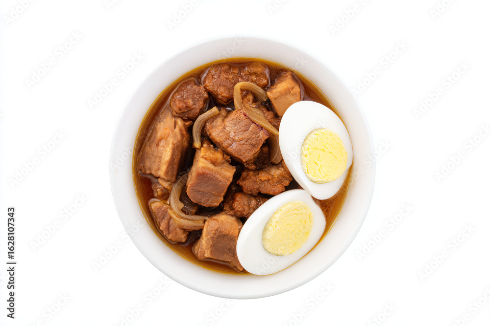 Obraz premium a bowl of food with meat eggs and noodles
