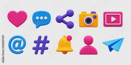 Set of 10 3D social media icons on a white background, ideal for digital marketing campaigns, and website contact sections