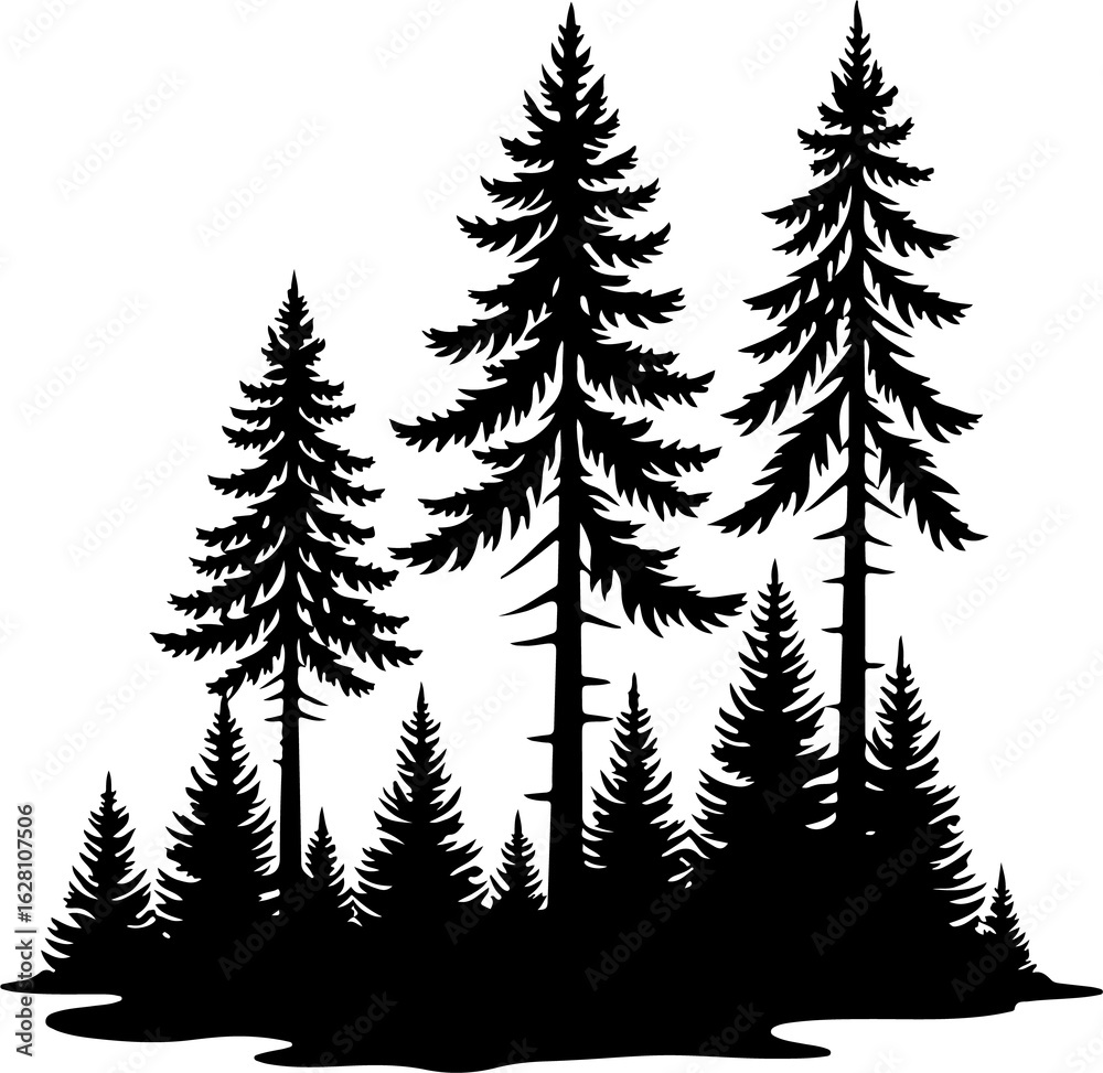 Obraz premium Dense Pine Tree Forest Silhouette VectorBlack and White Evergreen Woods IllustrationConifer Tree Cluster Forest Artwork