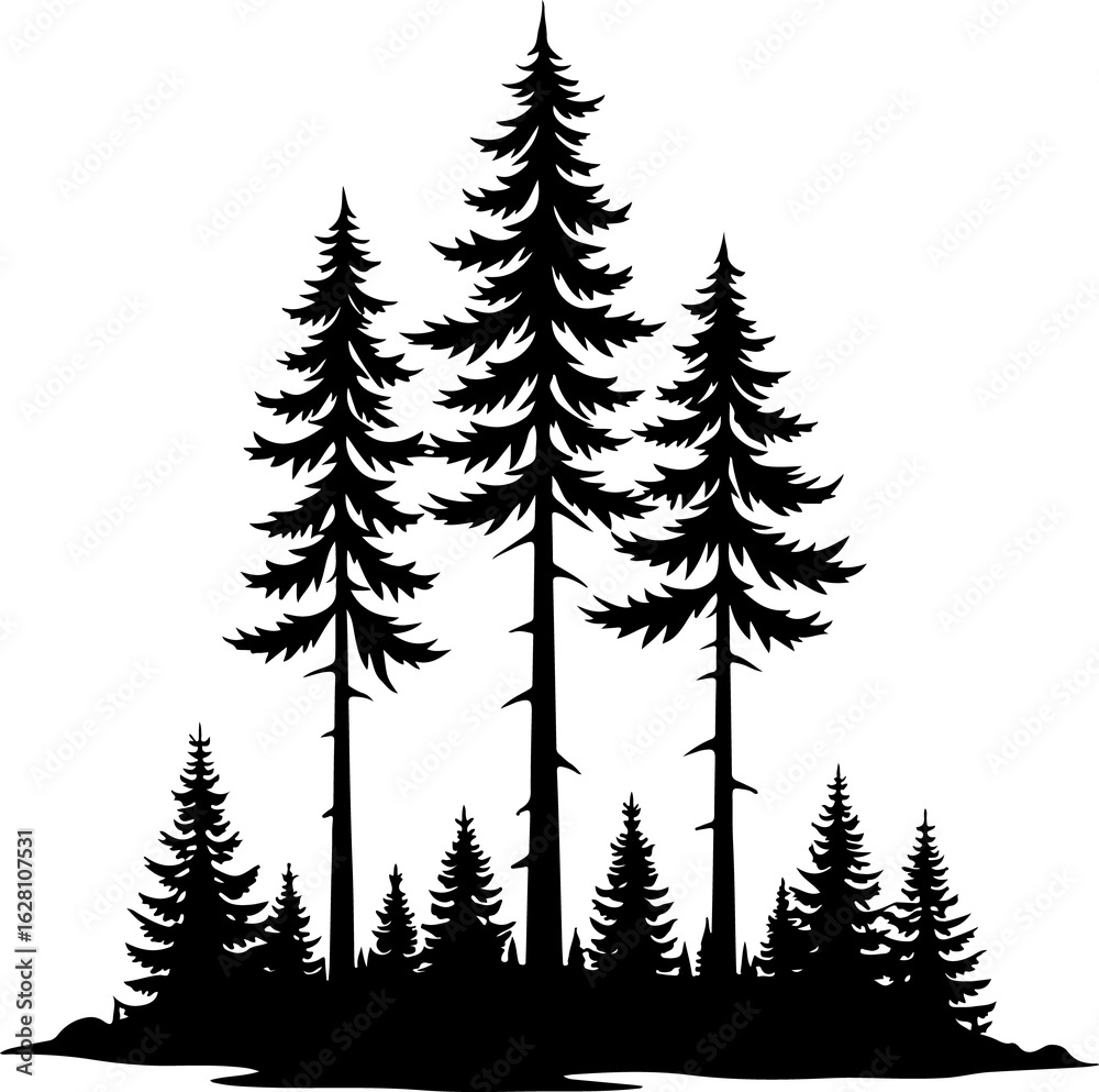 Obraz premium Dense Pine Tree Forest Silhouette VectorBlack and White Evergreen Woods IllustrationConifer Tree Cluster Forest Artwork