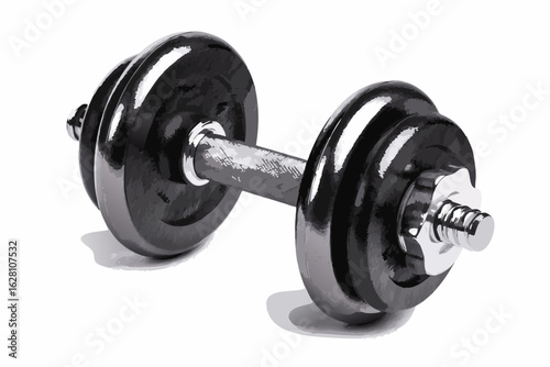 Heavy black adjustable dumbbell with a shiny chrome bar and screw-on collars in a stylized illustrated design.

