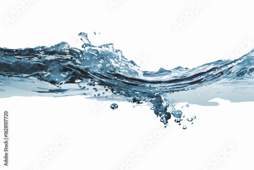Stylized illustration of a turbulent blue water wave with dynamic splashes and bubbles.
