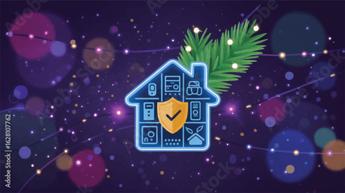 Blue neon house with shield and greenery smart home