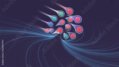 Colorful sperm cells swimming through blue light trails