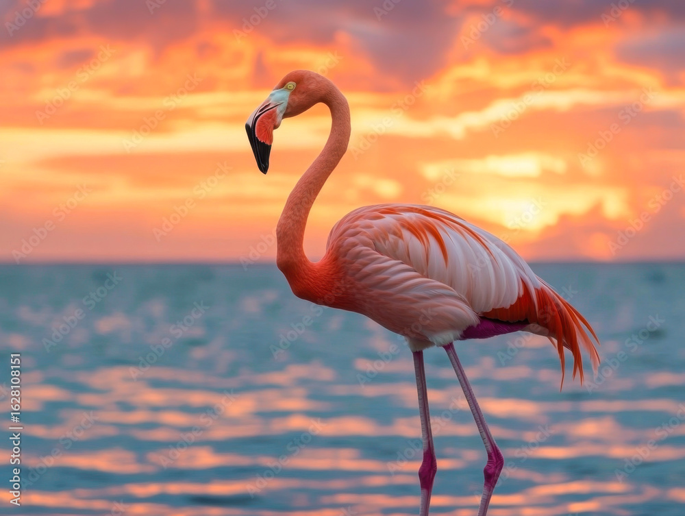 Fototapeta premium Greater Flamingo and the dramatic morning sun
