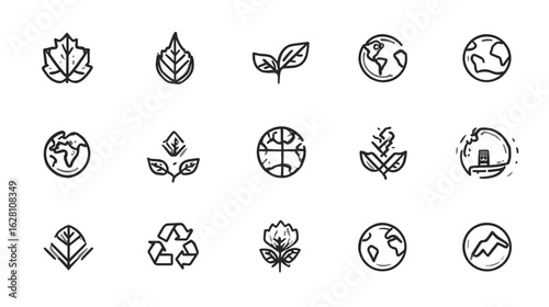 Collection of various eco-friendly icons representing environmental awareness, sustainability, and nature conservation efforts.