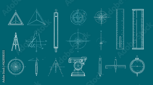 Blueprint-style technical drawings showcasing engineering tools, triangulation, compasses, rulers, and surveying equipment, creating a scientific design.