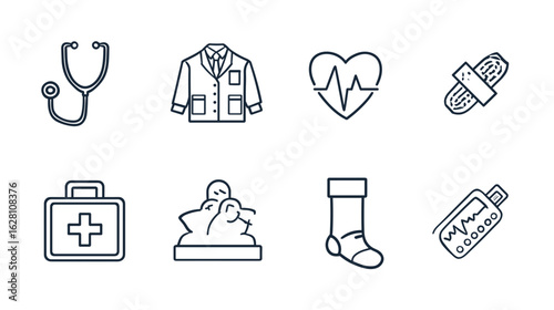 A linear arrangement of simplified line drawings representing medical and healthcare themed icons, all rendered in a monochromatic color scheme.
