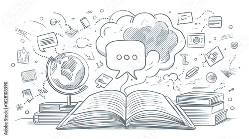 Open book with global icons symbolizing knowledge, ideas, and communication on a black background, promoting learning and information.