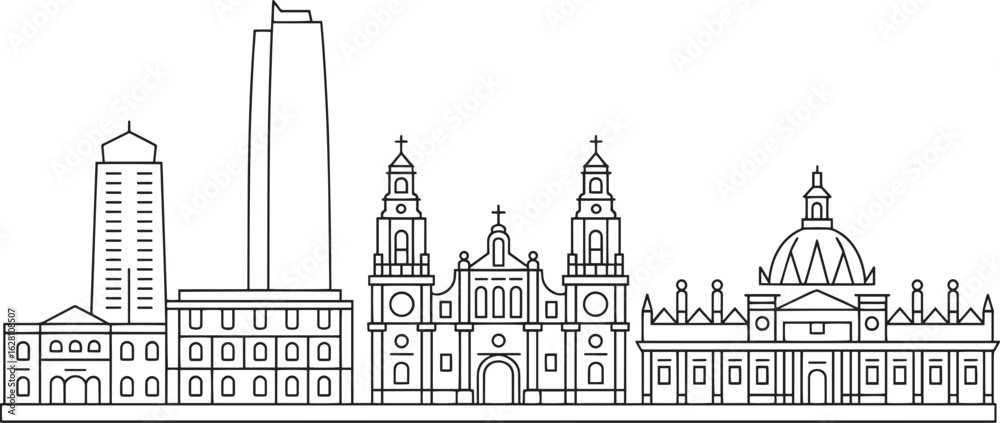 Obraz premium Detailed Outline of Santiago, Chile Skyline Silhouette Vector Illustration with Landmarks and Buildings
