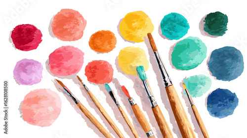 Watercolor paints with assorted colors and paintbrushes against a black background.