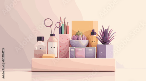 Stylized workspace still-life with office supplies, skincare bottles, succulents, and minimalist design elements with a warm, inviting feel.