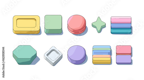 Isometric vector illustration of colorful geometric shapes on a black background, creating a modern and playful visual aesthetic.