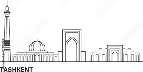Detailed Outline of the Tashkent Cityscape with Iconic Landmarks and Architectural Structures