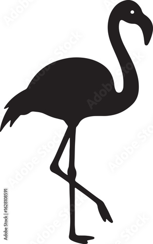Black silhouette of a flamingo standing on one leg on a white background bird tropical